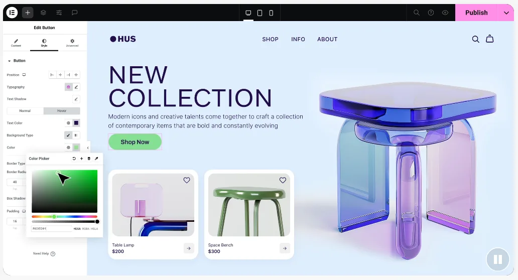 The Elementor editor: a style panel with a colour picker on the left and a live preview of a furniture shop homepage on the right.