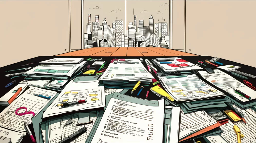 Illustration of a desk covered in forms, charts and pens, with a city skyline through the window.