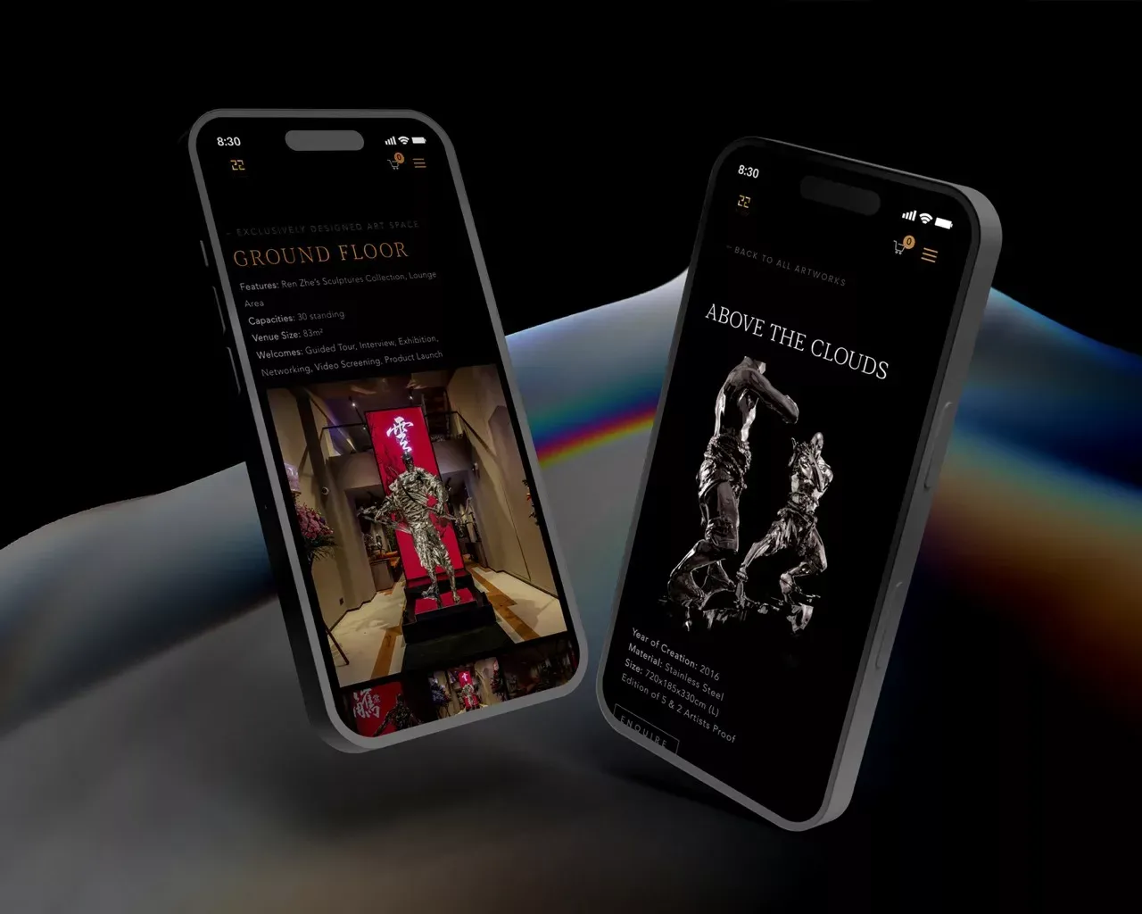 Two phone screens from the Pottinger 22 website: a venue page for the ground floor gallery and an artwork page for the sculpture Above the Clouds.